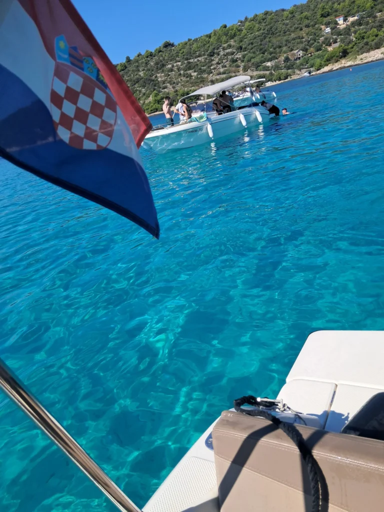 Speedboat anchored in the Blue Lagoon Krknjasi during a day trip from Split.